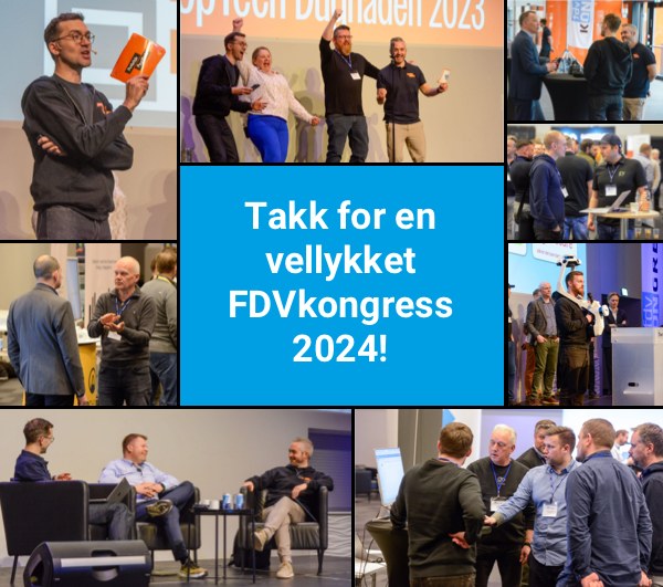 FDVkongressens collage «Takk for en vellykket FDVkongress 2024!», med Martin og dugnadsgjengen på scenen