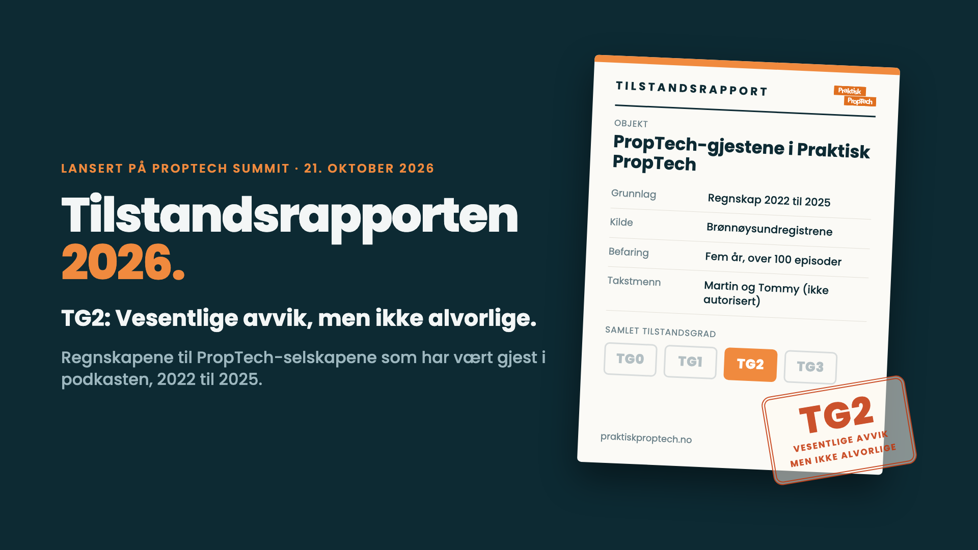 Tilstandsrapporten 2026: rapportforside med samlet tilstandsgrad TG2, vesentlige avvik, men ikke alvorlige